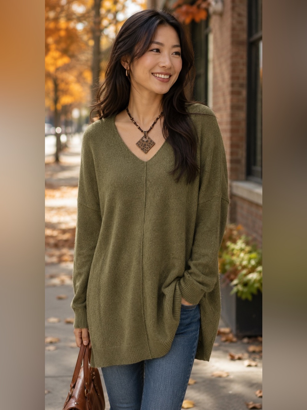 Dreamers M/L Olive Green V-Neck Tunic Sweater Lightweight Knit Long Sleeve